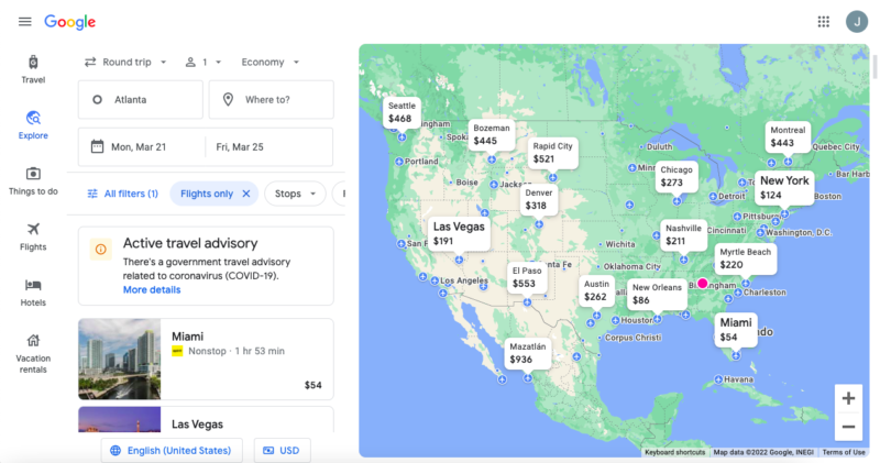 google travel map prices