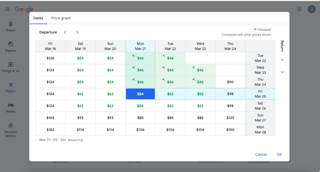 Google flights date grid